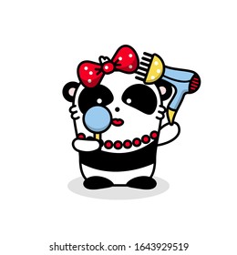 Cute vector animal panda kawaii illustration. The bear girl is going on a date. Dries your hair with a hair dryer and looks in the mirror. Isolated object sticker on a white background