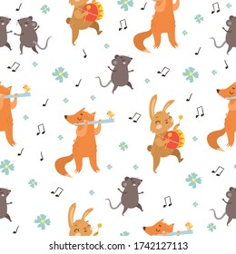 Cute vector animal pattern for kids. the fox plays the flute, the hare with the drum, the mice dance, the musical background. notes and flowers