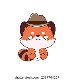 cute vector animal red panda with mafia hat isolated