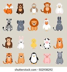 Cute vector animal set. Fox, bear, elephant, bear, hen, chicken, chick, rooster, lion, monkey, tiger, pig, donkey, rabbit, rhino, cow, zebra, sheep, penguin