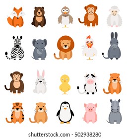 Cute vector animal set on white background. Fox, bear, elephant, bear, hen, chicken, chick, rooster, lion, monkey, tiger, pig, donkey, rabbit, rhino, cow, zebra, sheep, penguin