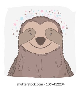 Cute vector animal sloth face. For print on the T-shirt, phone case, for the children's room, for greeting cards. Painting illustration.