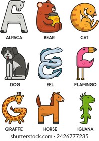 A to I Cute vector animals in alphabet letter form