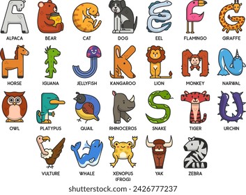 Cute vector animals in alphabet letter form. ABC learning poster for kids. Fun ways of learning with funny unique wildlife.