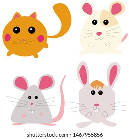 cute vector animals of bizarre shape with smiles. Vector illustration. Cat, Hamster, Mouse, Rebbit