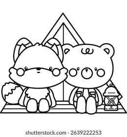 a cute vector of animals camping with a tent in black and white coloring