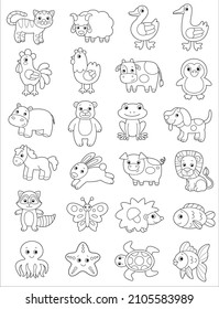 Cute vector animals. Vector cartoon animals. Vector set. Illustration for children. Coloring book