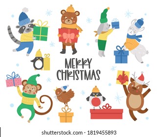 Cute vector animals in hats, scarves and sweaters with presents and snowflakes. Winter set of with gifts. Funny Christmas card designs. New Year print with smiling character
