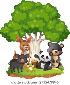 Animales lindos del Vector incluyendo el panda, el oso, el ciervo, y la rana debajo del árbol frondoso, colores brillantes