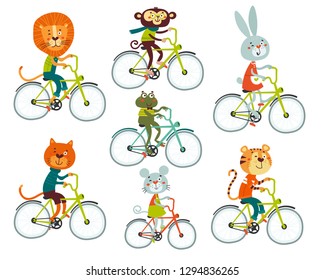 Cute vector animals: lion, tiger, rabbit, frog, monkey, mouse ride a bicycle