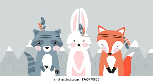 Cute vector animals Raccoon, Fox and Bunny. Little animals walk in the mountains with feathers on their heads. The banner is drawn in the Scandinavian style, for the decoration of a children's room 