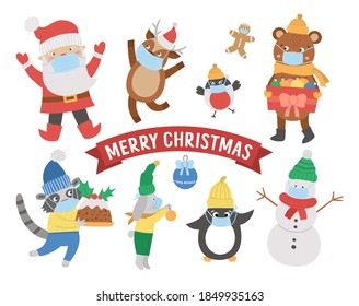 Cute vector animals, Santa Claus, snowman in hats, scarves and sweaters wearing medical face masks. Winter set of winter characters with COVID protection. Funny Christmas card designs.
