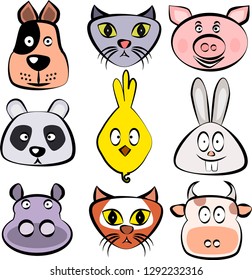 Cute vector animals set. Dog, cat, pig, panda bear, chick, bunny rabbit, hippopotamus, fox, cow faces. Vector template ready for print