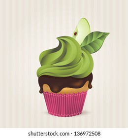 Cute vector apple and chocolate cupcake on delicate striped background. Cupcake collection.