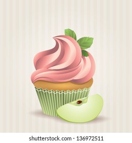 Cute vector apple cupcake on delicate striped background. Cupcake collection.