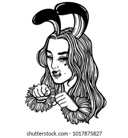 cute vector art card with bunny girl. Fashion woman. Rabbit woman. linear tattoo print illustration.