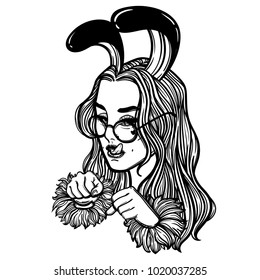 cute vector art card with bunny girl. Fashion woman. Rabbit woman. linear tattoo print illustration.