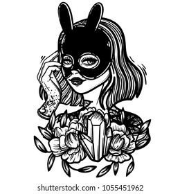 cute vector art card with bunny girl. Fashion woman. Rabbit woman. linear tattoo print illustration.