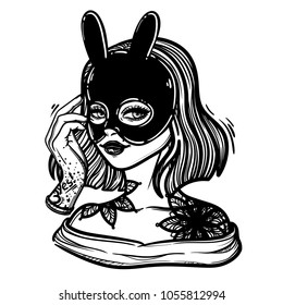 cute vector art card with bunny girl. Fashion woman. Rabbit woman. linear tattoo print illustration.