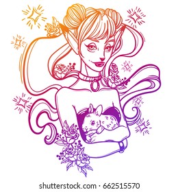 cute vector art card with a fox girl and her pet bunny, flowers roses and stars. Fashion woman. linear tattoo print illustration.
