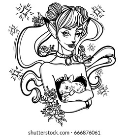 cute vector art card with a fox girl and her pet bunny, flowers roses and stars. Fashion woman. linear tattoo print illustration.