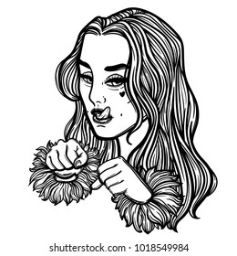 cute vector art card with girl. Fashion woman. linear tattoo print illustration.