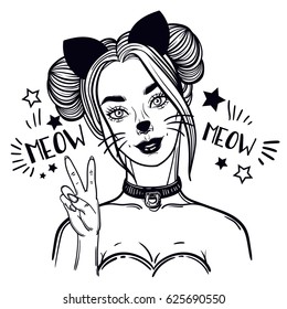 cute vector art card with girl in a cat suit. Fashion woman. Cat costume for halloween. linear tattoo print illustration.