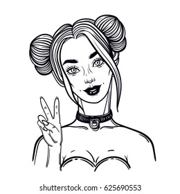 cute vector art card with girl. Fashion woman. linear tattoo print illustration.