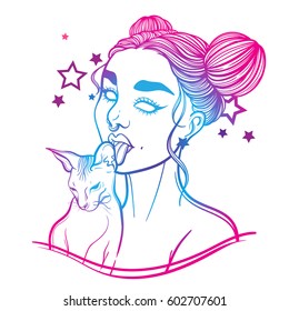 cute vector art card with gothic girl and her pet cat. Fashion woman. linear tattoo print illustration.
