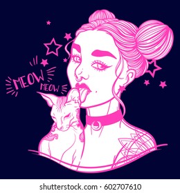 cute vector art card with gothic girl and her pet cat. Fashion woman. linear tattoo print illustration.