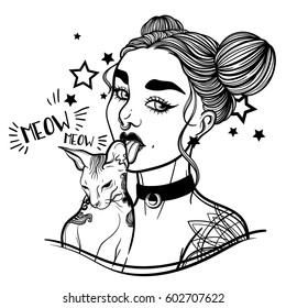 cute vector art card with gothic girl and her pet cat. Fashion woman. linear tattoo print illustration.