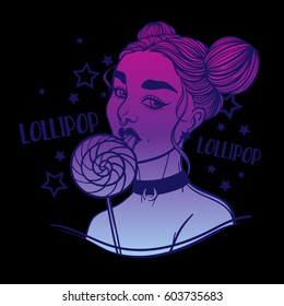 cute vector art card with gothic girl and lollipop sweet candy. Fashion woman. linear tattoo print illustration.