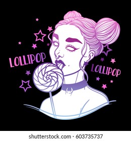 cute vector art card with gothic girl and lollipop sweet candy. Fashion woman. linear tattoo print illustration.