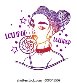 cute vector art card with gothic girl and lollipop sweet candy. Fashion woman. linear tattoo print illustration.