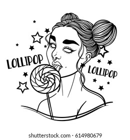cute vector art card with gothic girl and lollipop sweet candy. Fashion woman. linear tattoo print illustration.
