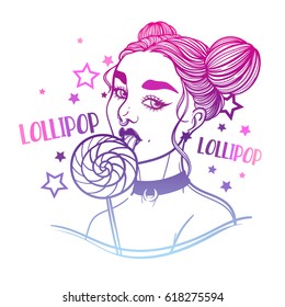 cute vector art card with gothic girl and lollipop sweet candy. Fashion woman. linear tattoo print illustration.
