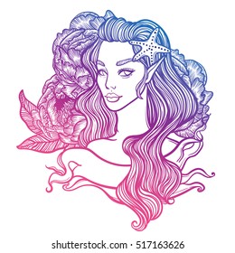 cute vector art card with little princess mermaid. Girl with starfish in hair and with peony flowers in the background. linear tattoo illustration