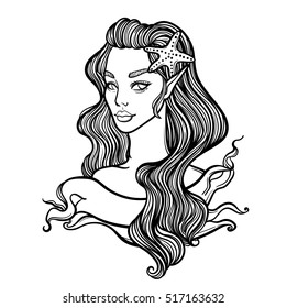 cute vector art card with little princess mermaid. Girl with starfish in hair. linear tattoo illustration