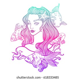 süße Vektorillustration Kunstkarte mit kleiner Prinzessin Mermaid. Mädchen mit Seestern in Haaren und Fisch. lineares Tätowierungsbild