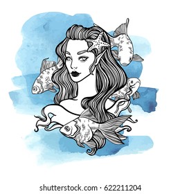 cute vector art card with little princess mermaid. Girl with starfish in hair and fish. linear tattoo illustration. watercolor background.