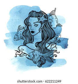cute vector art card with little princess mermaid. Girl with starfish in hair and fish. linear tattoo illustration. watercolor background.