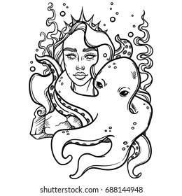 cute vector art card with little princess mermaid. Sea statue of a girl. Princess with an octopus. linear tattoo illustration