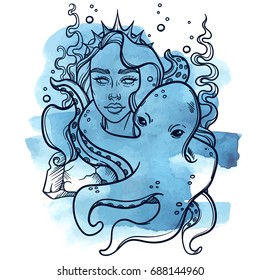 cute vector art card with little princess mermaid. Sea statue of a girl. Princess with an octopus. linear tattoo illustration