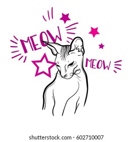 cute vector art card with naked cat. Sphinx cat. linear tattoo print illustration.