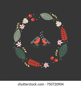 Cute vector art. Christmas wreath and a pair of bullfinches.
