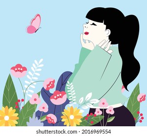 Cute vector art of a girl having a good time in a garden filled with beautiful flowers and cool morning breeze