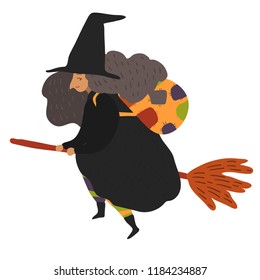 Cute vector art of old witch flying on broomstick with bag of presents. Epiphany celebration character isolated on white. Minimal scandinavian style.