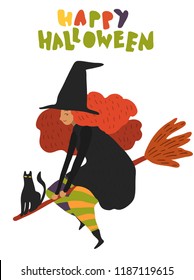 Cute vector art of old witch flying on broomstick with cat. Happy Halloween celebration character isolated on white. Minimal scandinavian style.