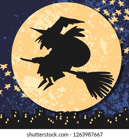 Cute vector art of old witch flying on broomstick with bag of presents night sky moon city background. Holiday celebration character.