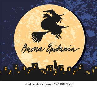 Cute vector art of old witch flying on broomstick with bag of presents night sky moon city background. Holiday celebration character. Buona Epifania meaning Happy Epiphany lettering